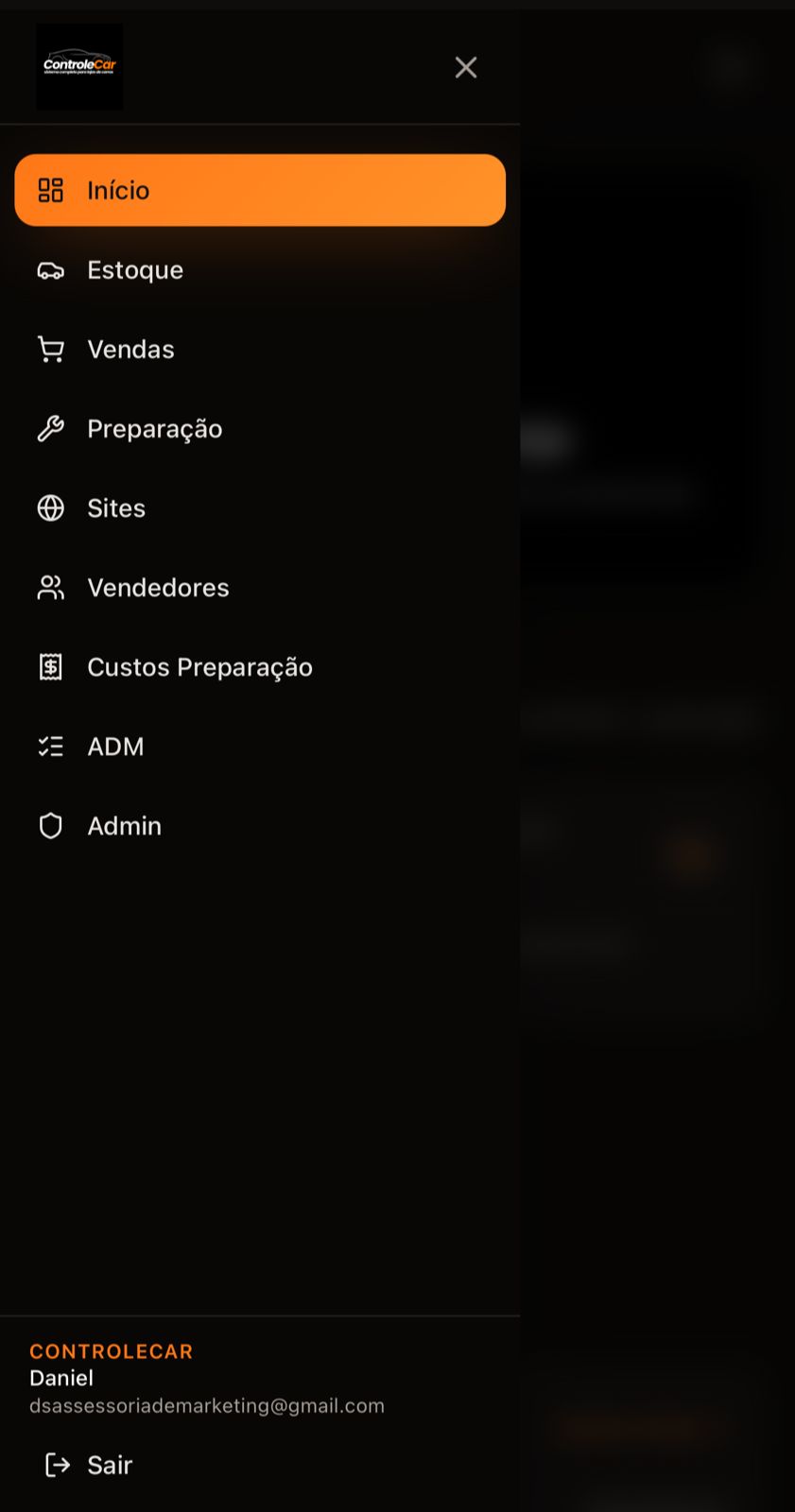 App ControleCar - menu de navegação
