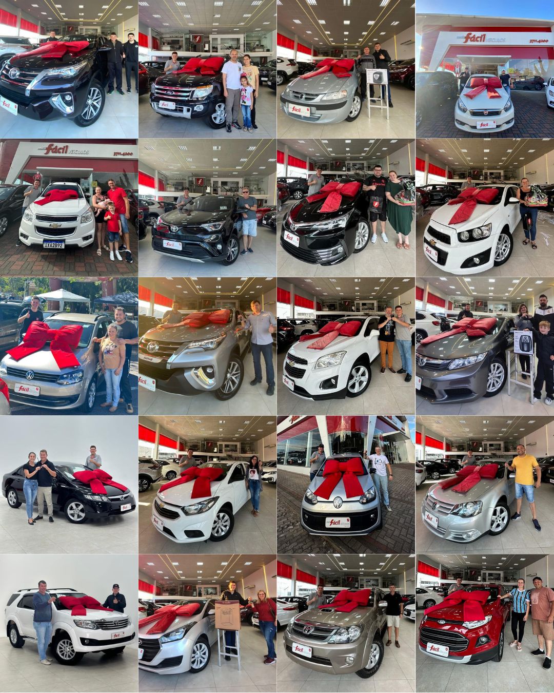 Clientes felizes recebendo seus carros na loja